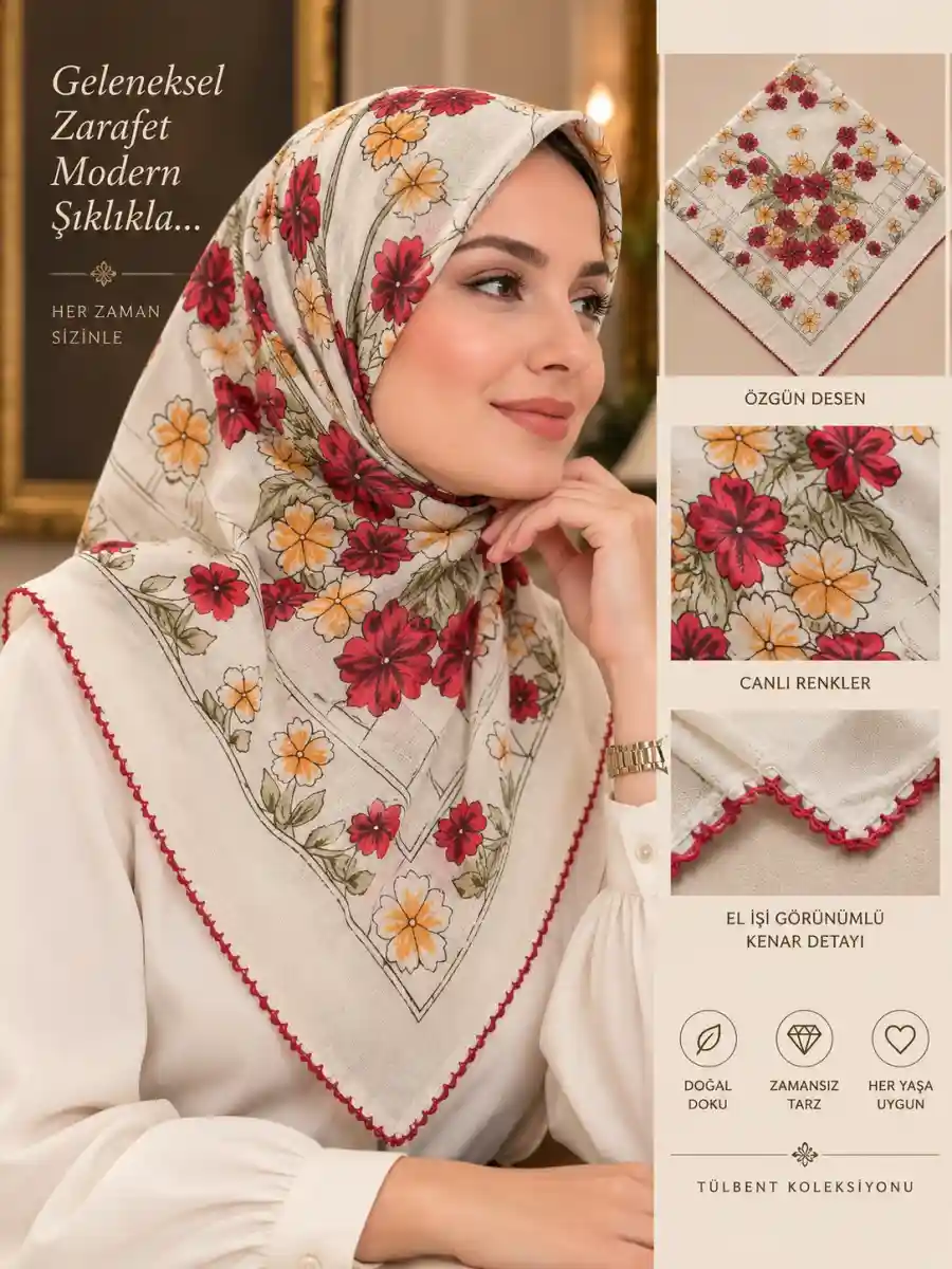 çiçek desenli modern başörtüsü