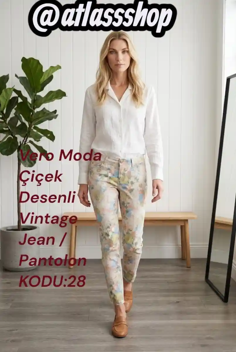çiçek desenli vintage jean pantolon