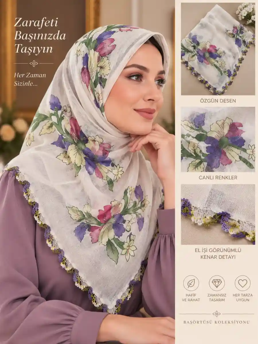 Nadir vintage çiçek desenli oyalı başörtüsü