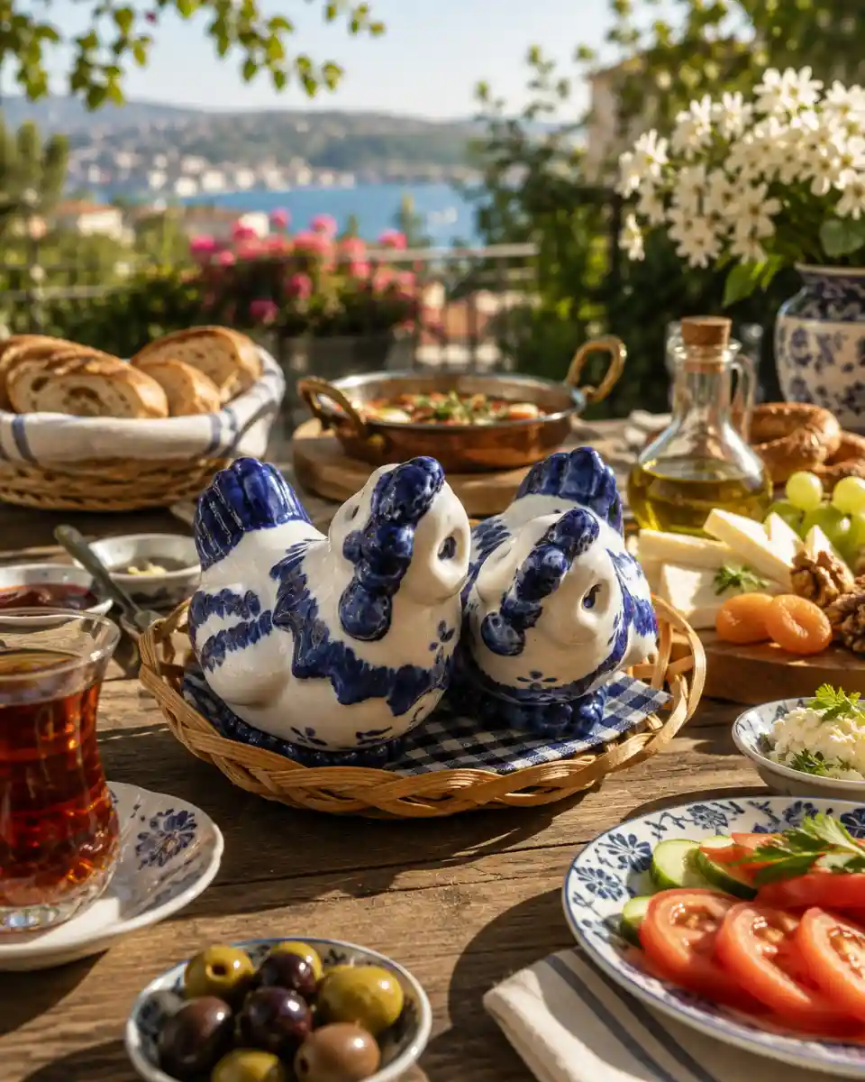 Mavi beyaz antika seramik tavuk tuzluk seti
