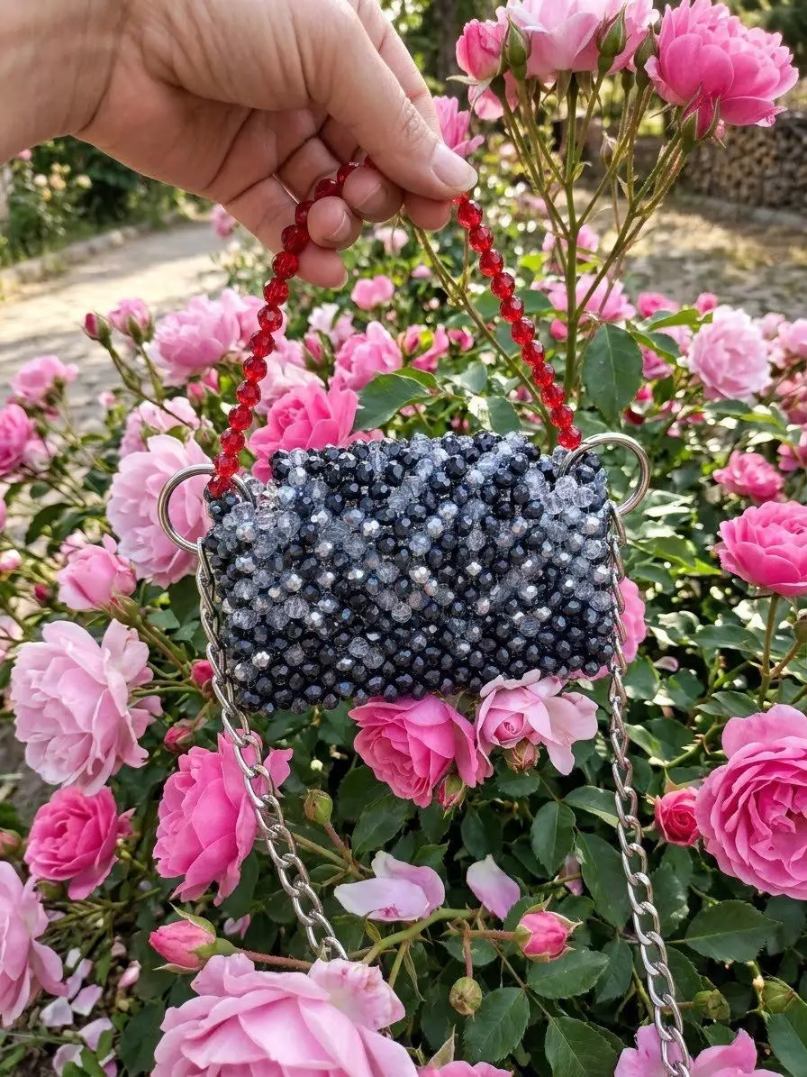 El yapımı antrasit gümüş renk kristal boncuk çanta