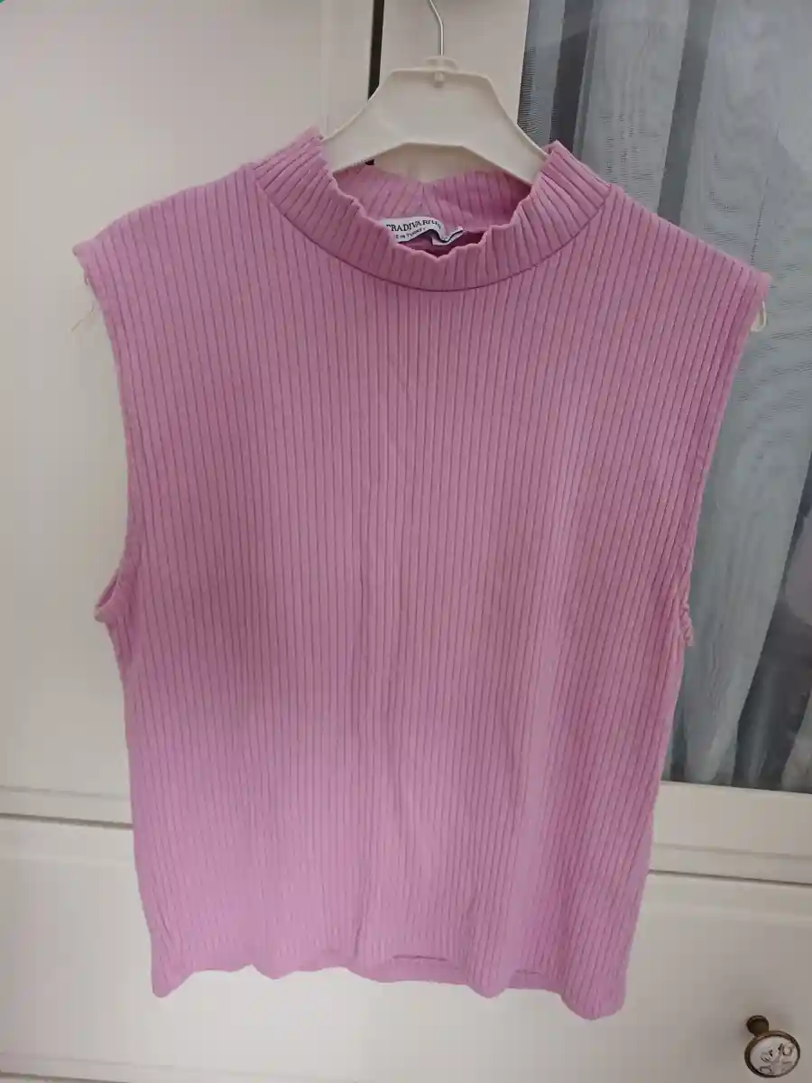 Pembe ribana kısa kollu bluz