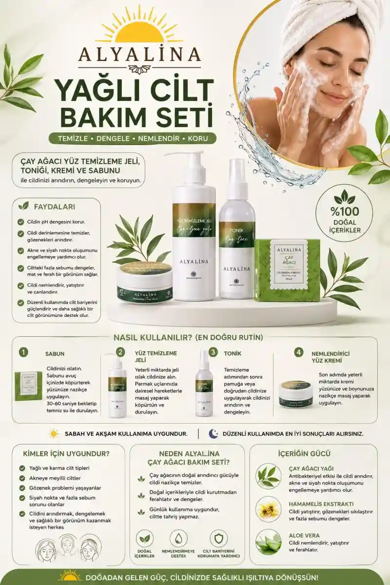 Yağlı ciltler i̇çin çay ağacı yağı bakım seti