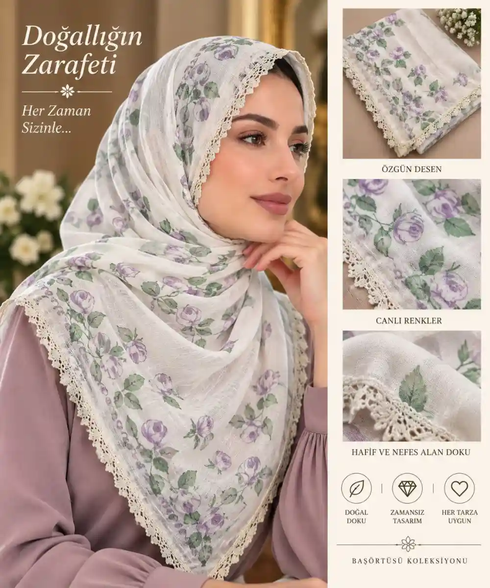 Nadir vintage “yıkanmış fırat” çiçek desenli oyalı başörtüsü