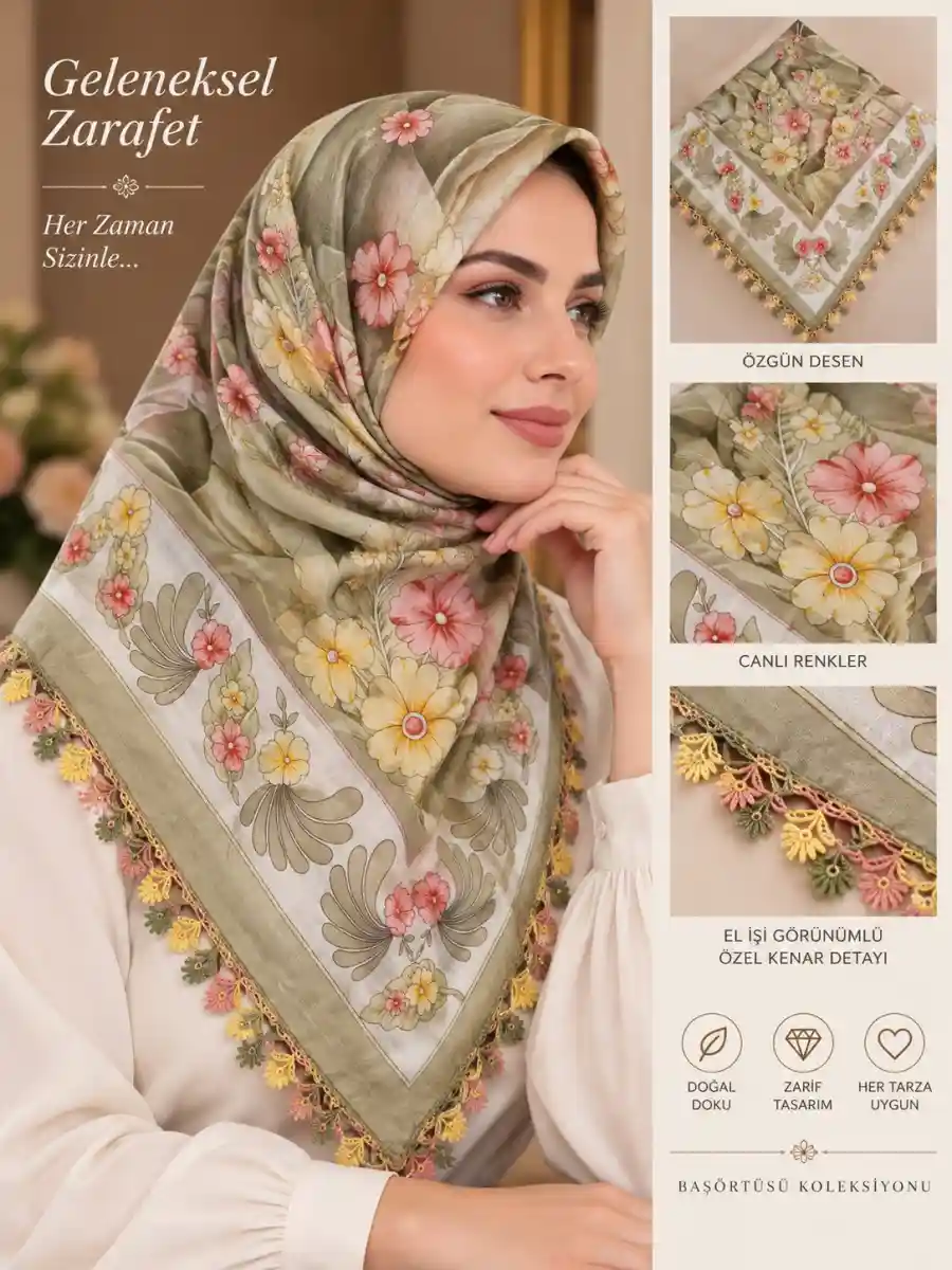 Nadir vintage el i̇şi i̇ğne oyalı çiçek desenli başörtüsü