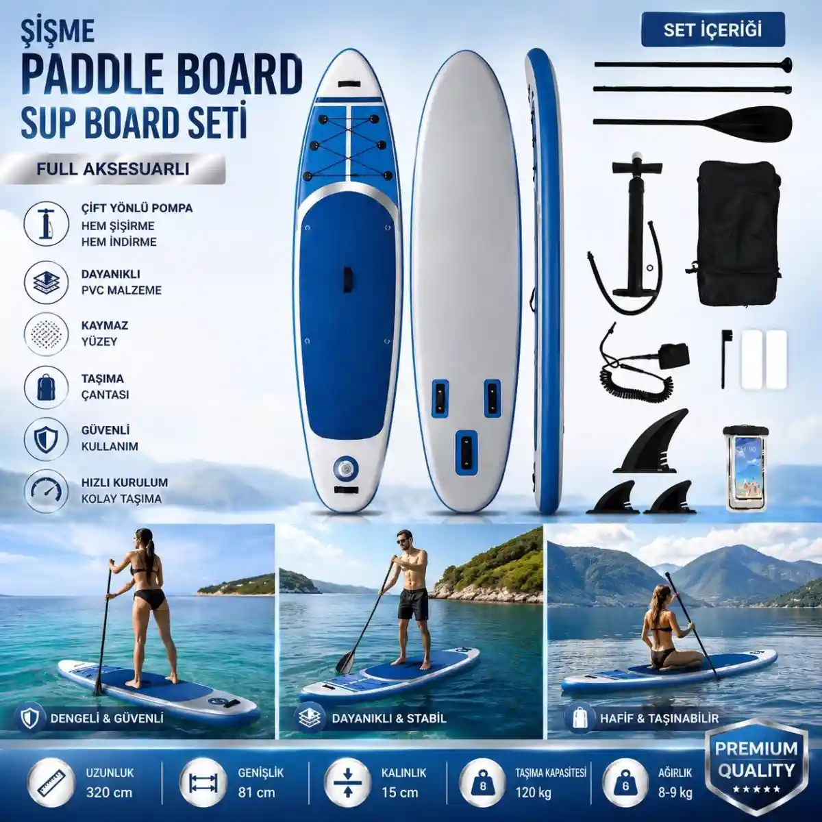 Mavi şişme paddle board seti