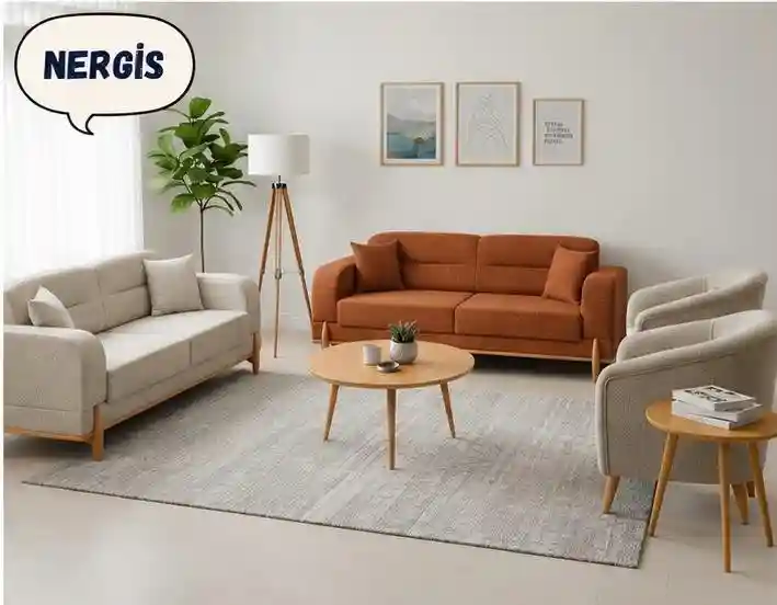 Kahverengi üçlü koltuk ve bej i̇kili koltuk takımı
