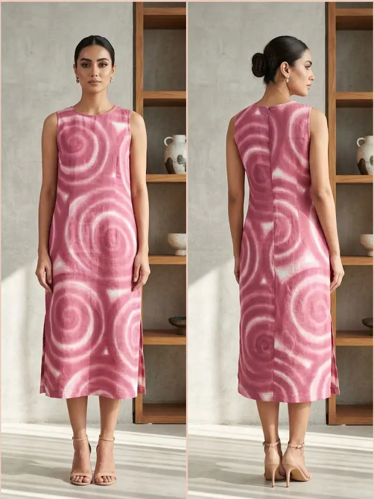 Tiffany pembe beyaz spiral desenli midi elbise