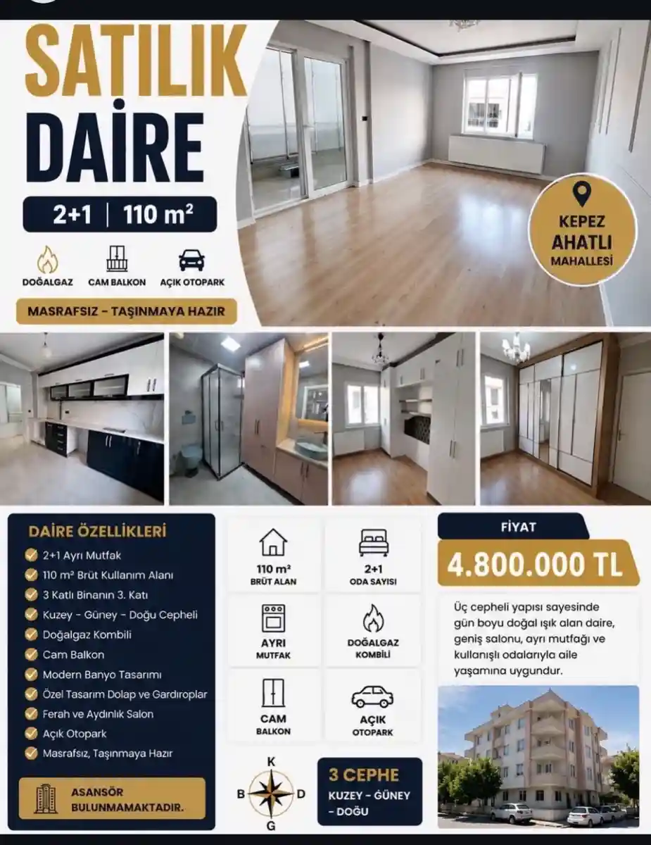 Geniş 2+1 daire, kepez ahatlı mahallesi ilan görseli
