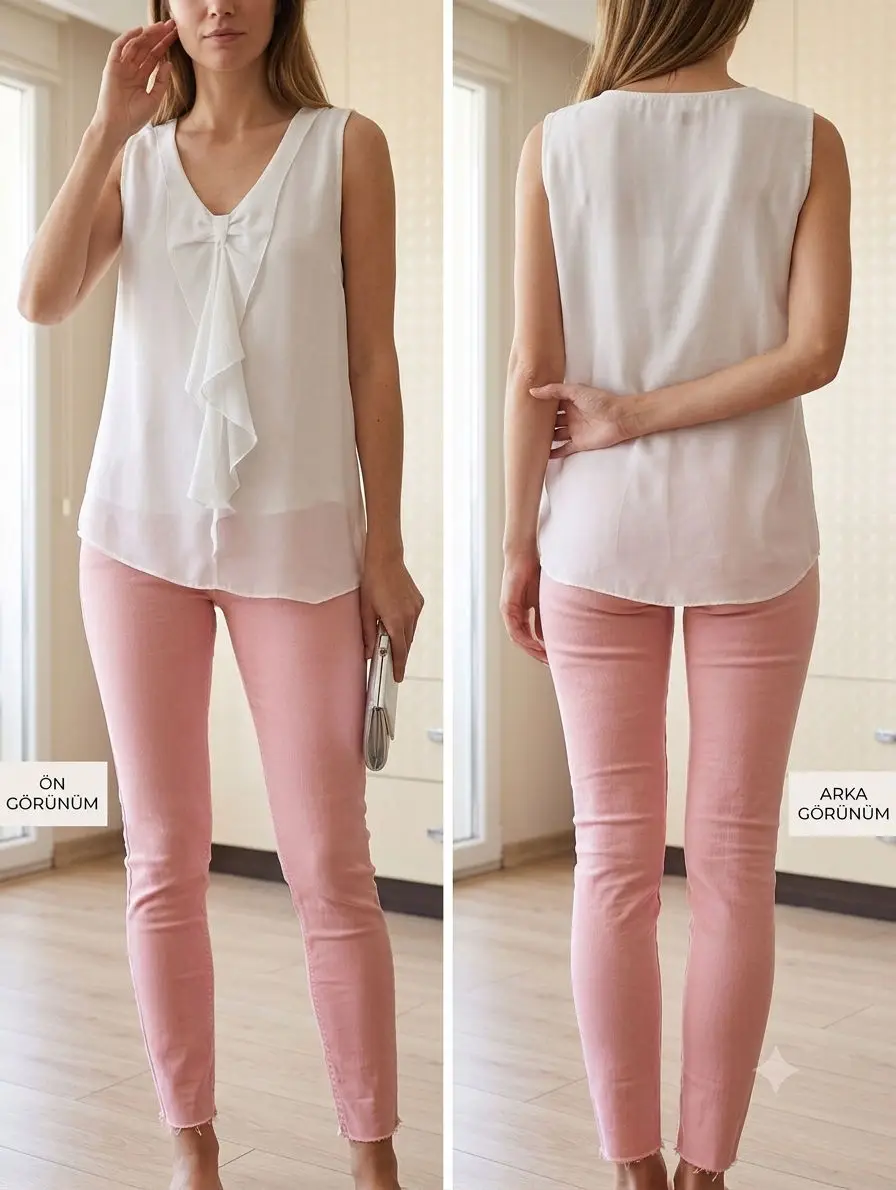 Beyaz renkli bluz ve pembe pantolon takımı