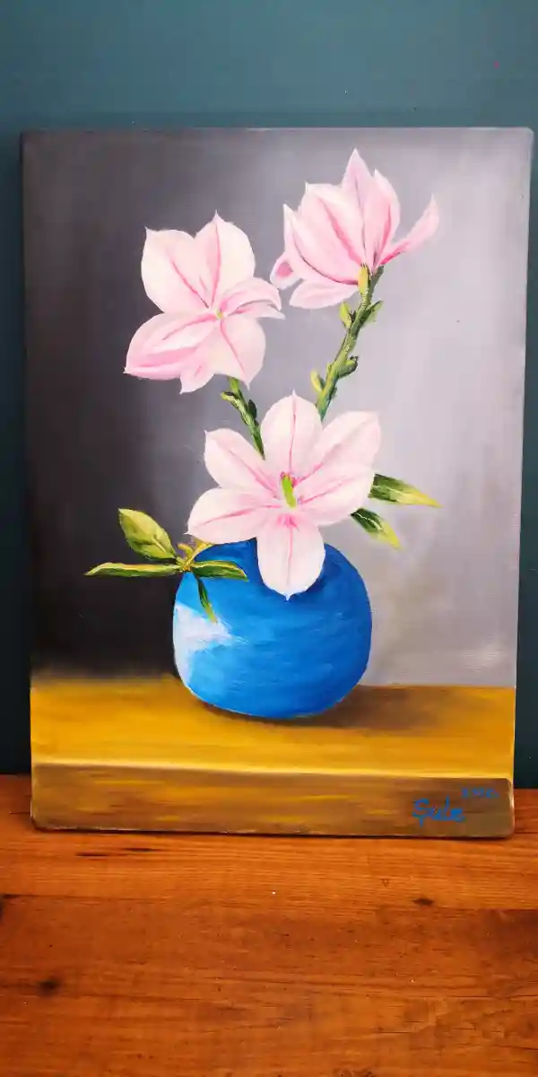 "orkide' nin zarafeti" mavi vazoda. (yağlıboya 35×50)