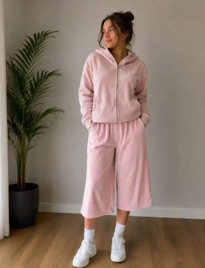 Pembe kapüşonlu eşofman takımı