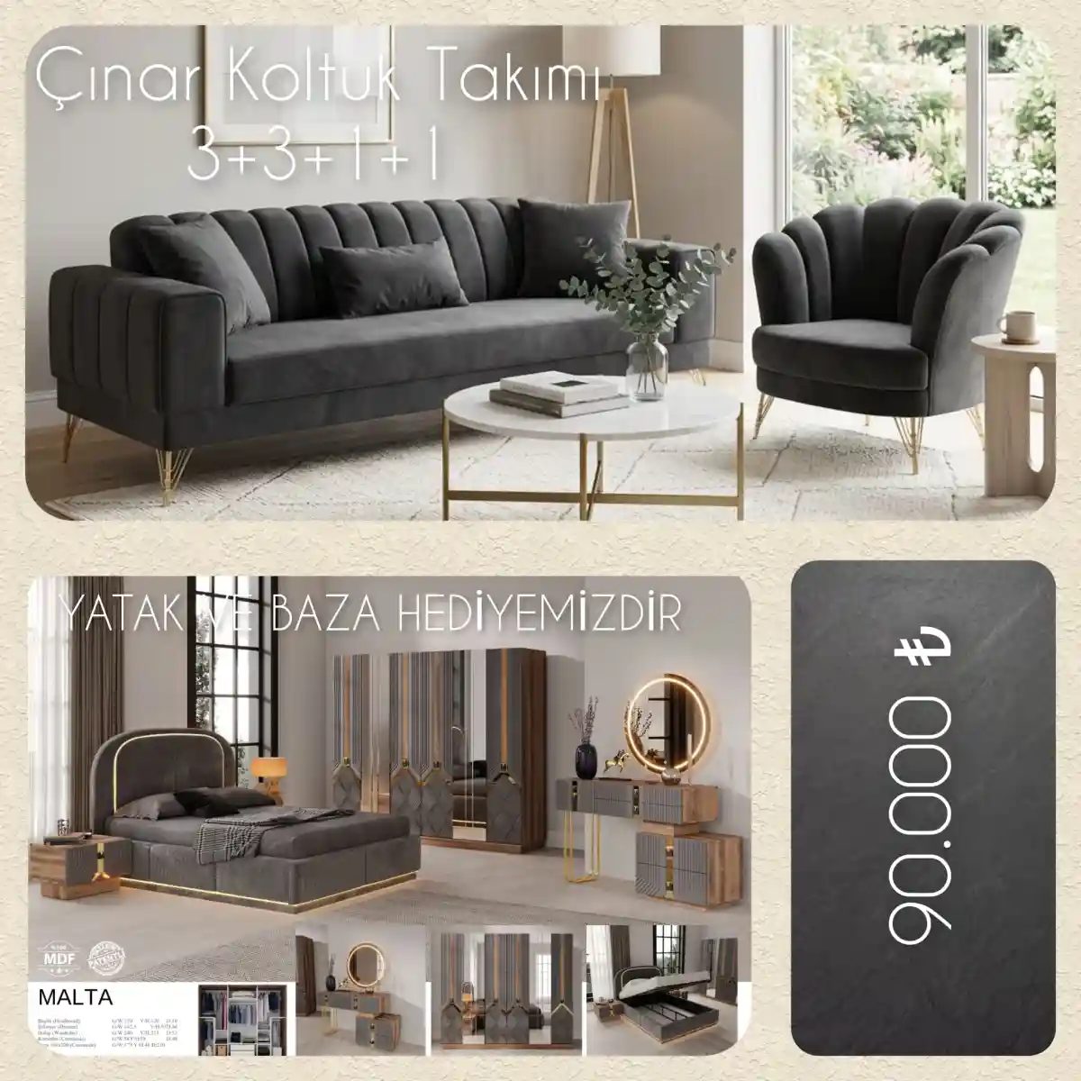 çinarlı modern koltuk takımı ve yatak odası takımı