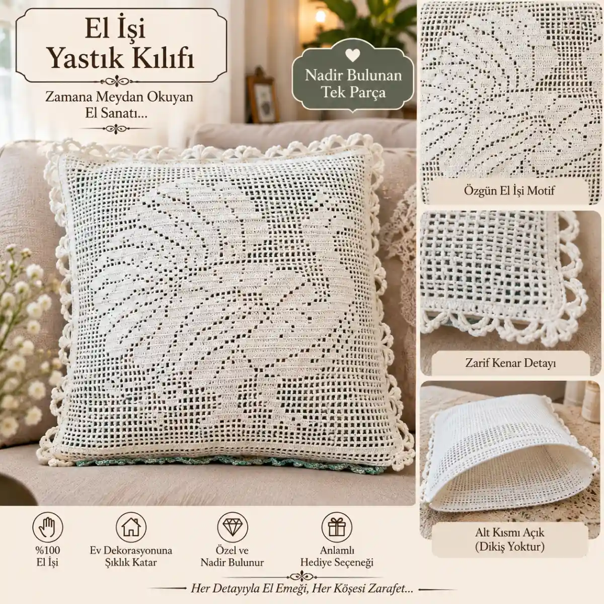 Nadir vintage tavus kuşu motifli el i̇şi dantel yastık kılıfı