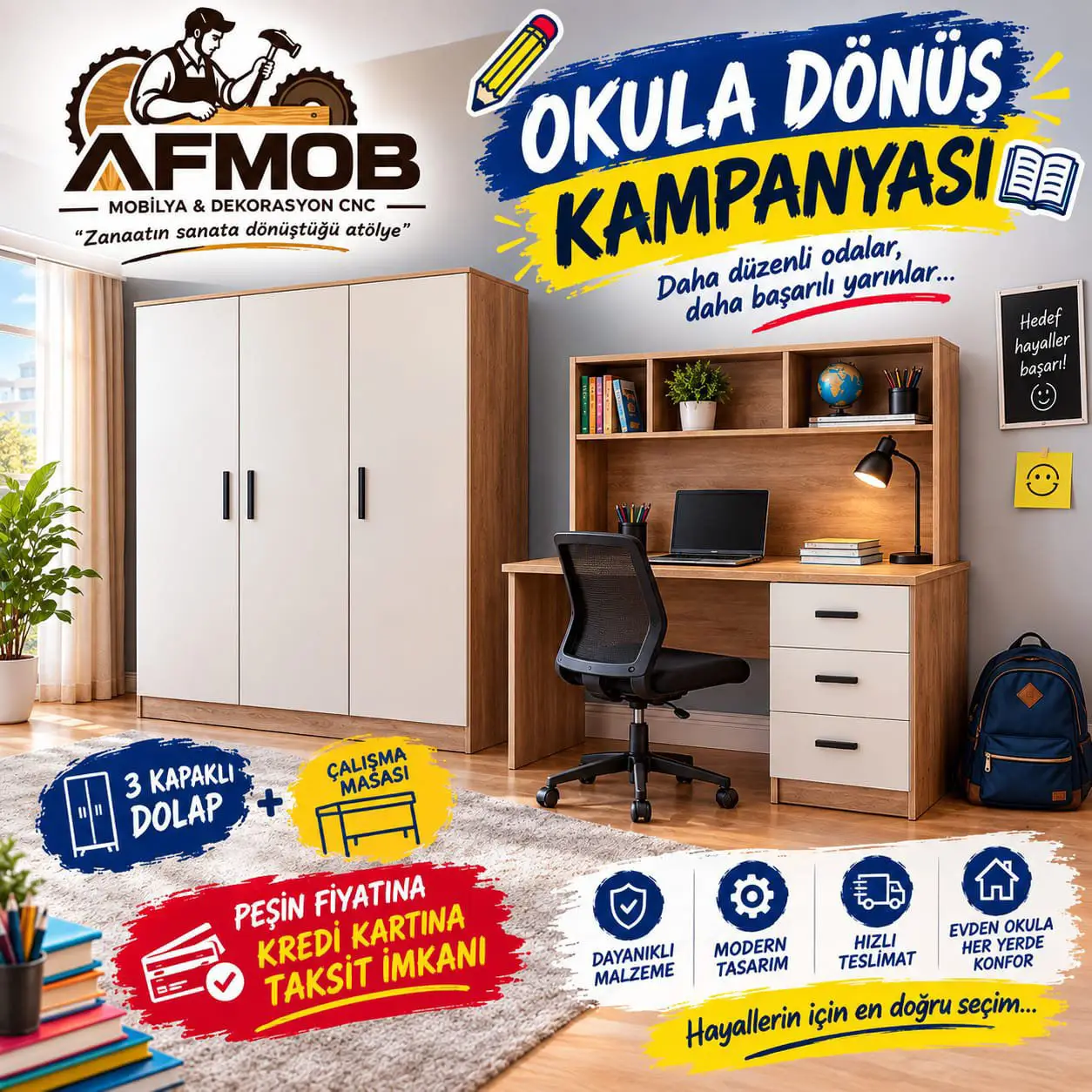%100 mdf üç kapaklı dolap ve çalışma masası takımı