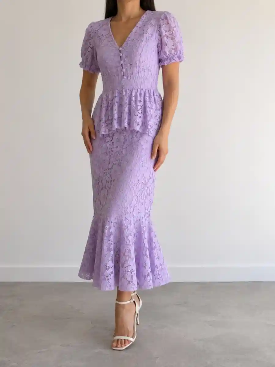 Lila renkli güpür dantel peplum elbise ilan görseli