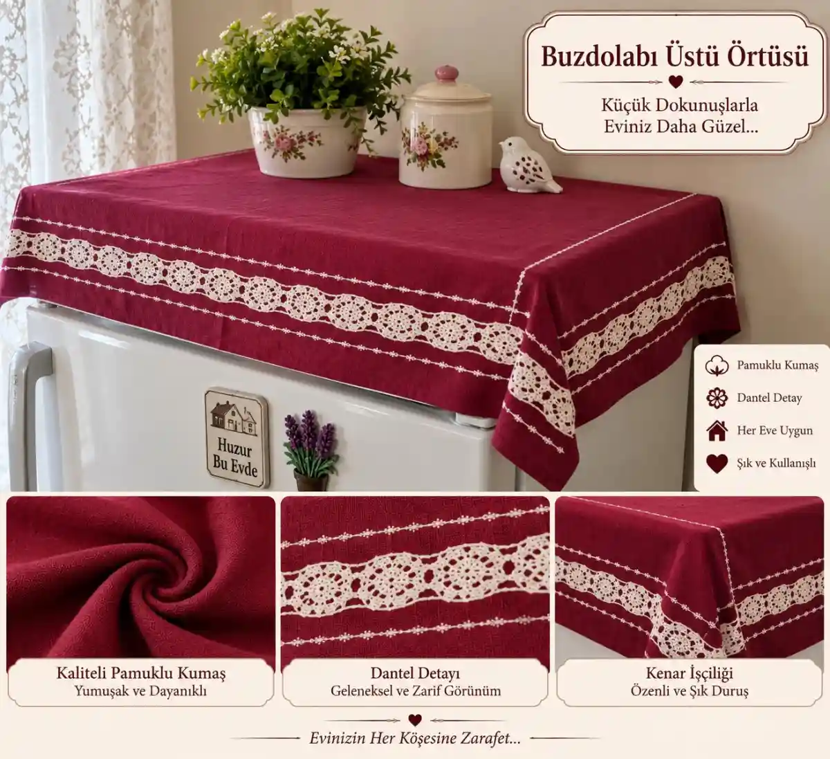 Bordo dantel detaylı buzdolabı üstü örtüsü