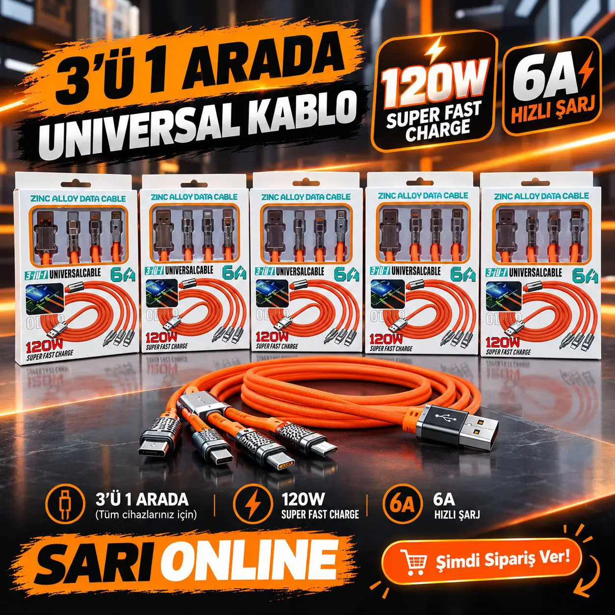 3'ü 1 arada hızlı şarj kablosu ilan görseli