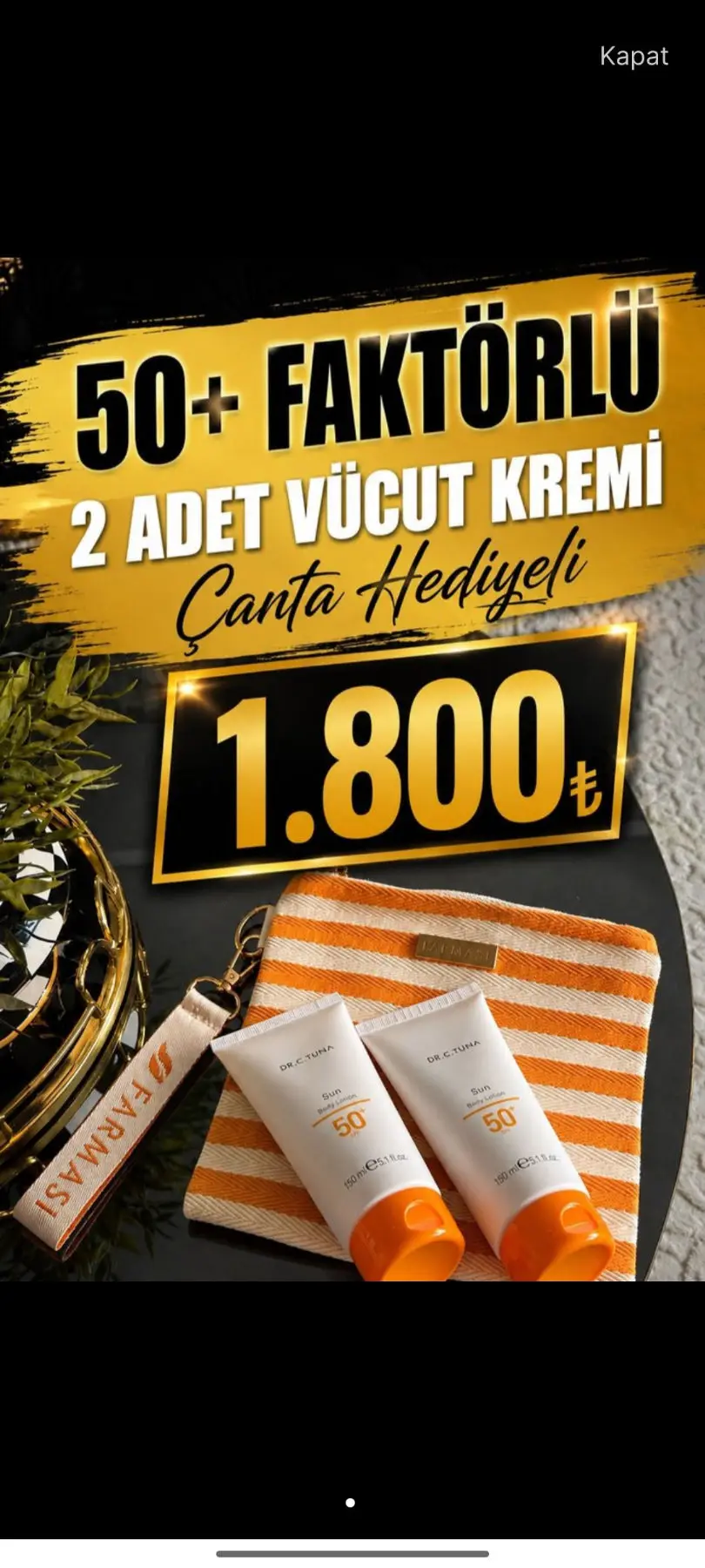 50+ faktörlü 2 adet vücut kremi ve hediye çanta