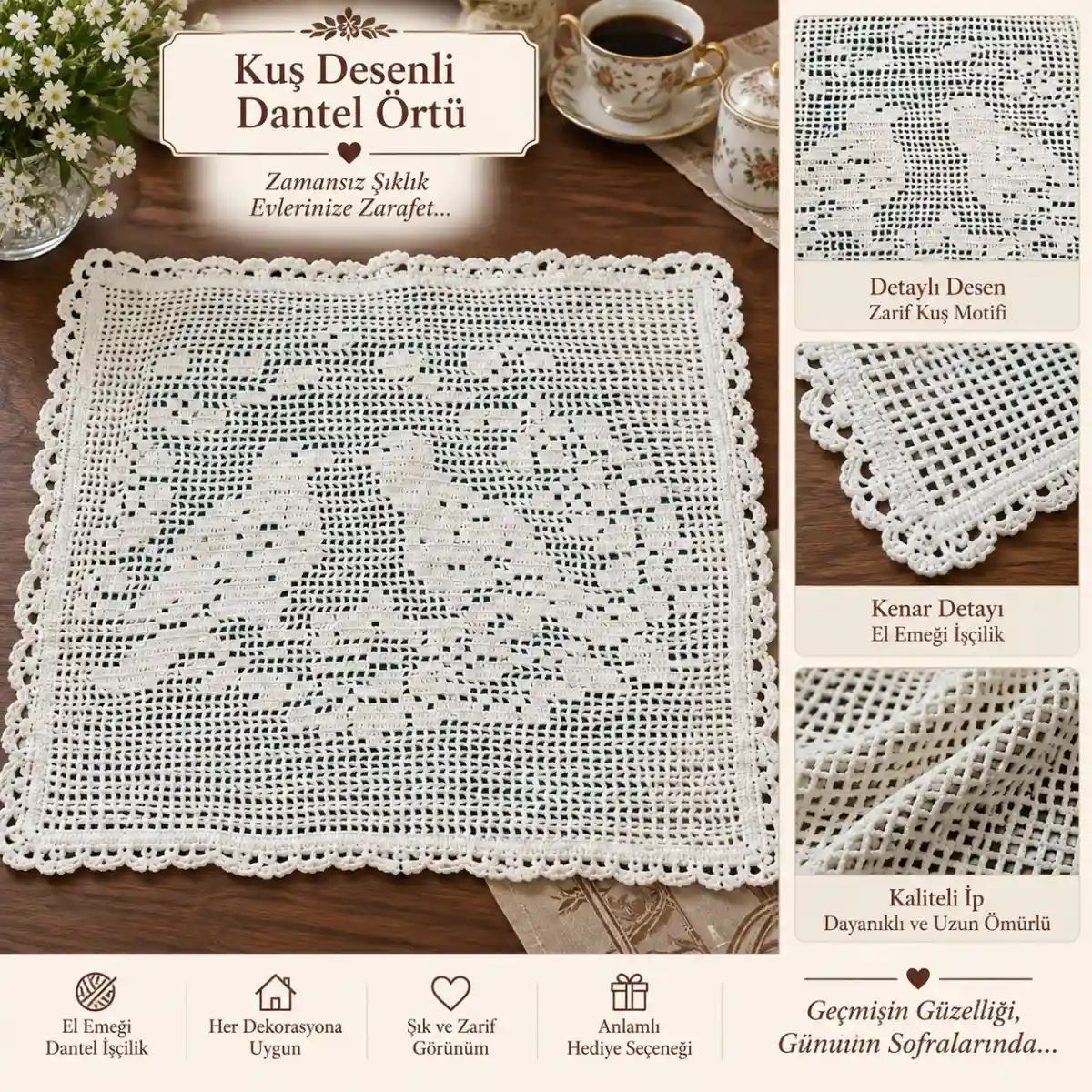 Kuş desenli şık dantel yastık kılıfı