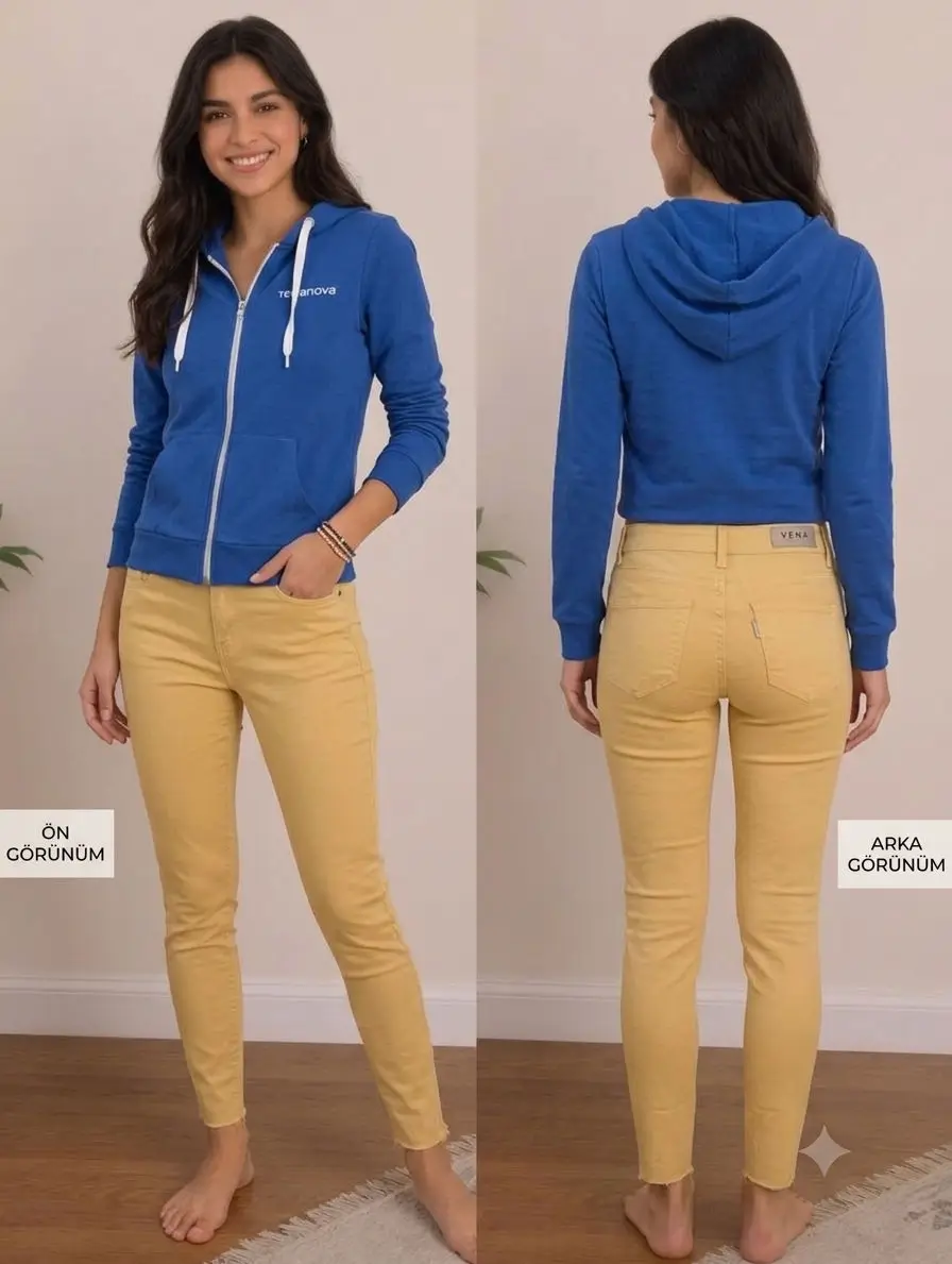 Mavi kapüşonlu sweatshirt ve sarı pantolon takımı