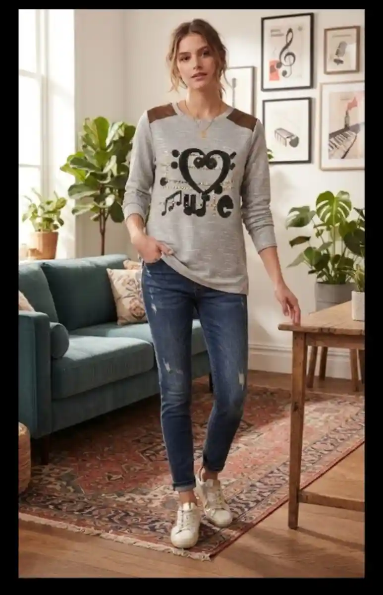 Kalp desenli gri kadın sweatshirt