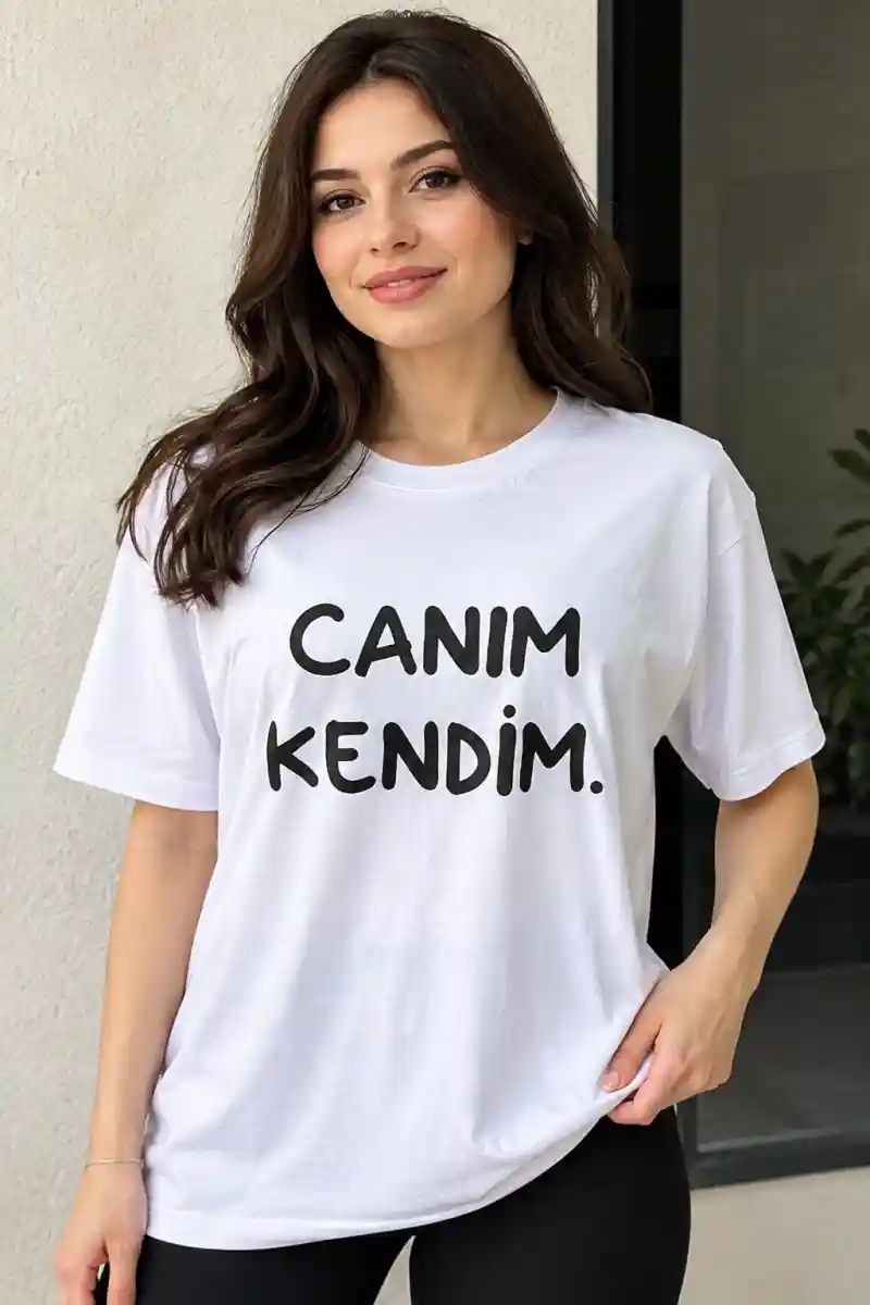 Baskılı canim kendi̇m yazılı beyaz tişört