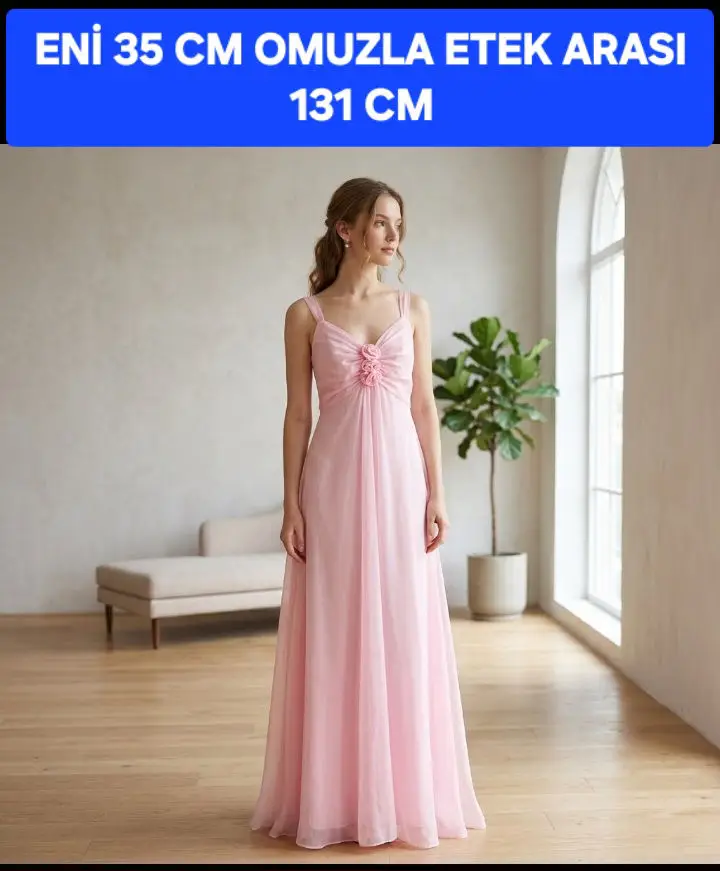 Pembe şifon uzun elbise