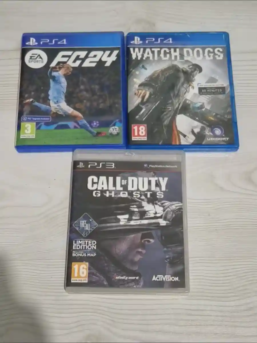 Playstation 4 fc24,wach dogs ve playstation 3 call of duty ghosts
