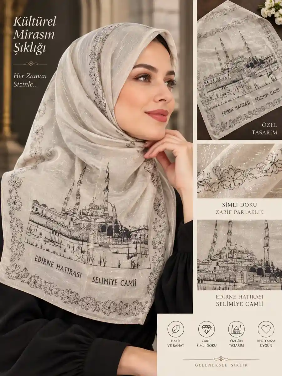 Edirne hatırası selimiye camii desenli baş örtüsü