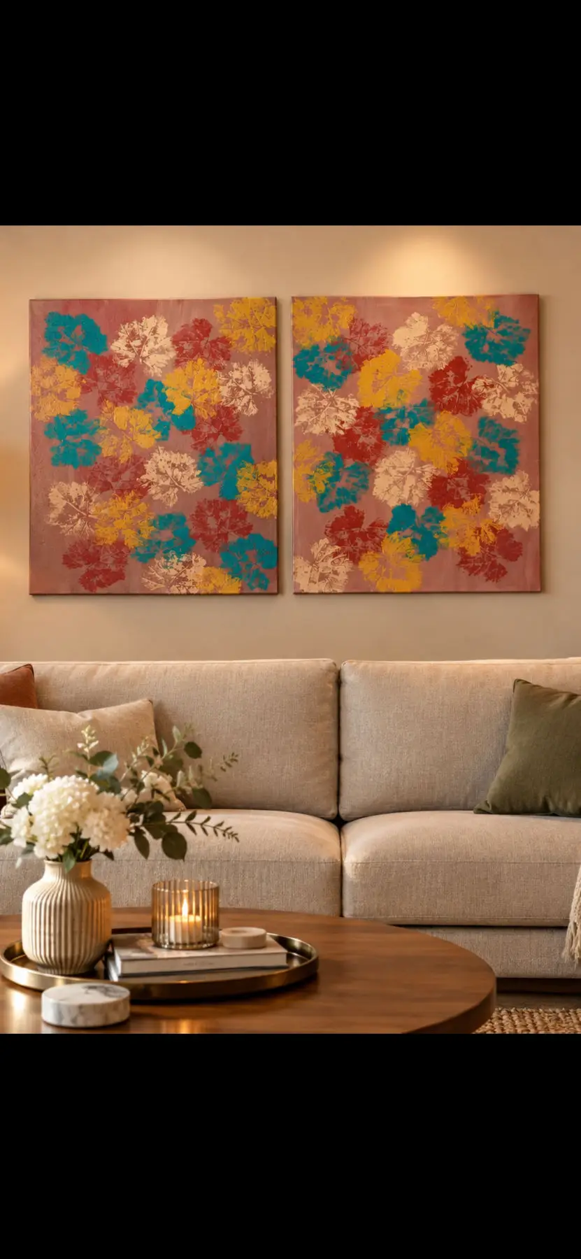 Renkli yaprak desenli i̇ki parçalı tablo    30 ×40 cm