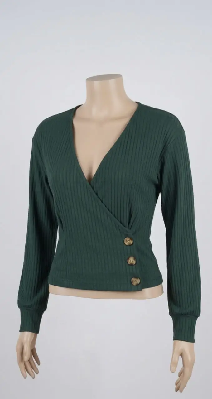 Yeşil düğmeli kısa kollu bluz crop