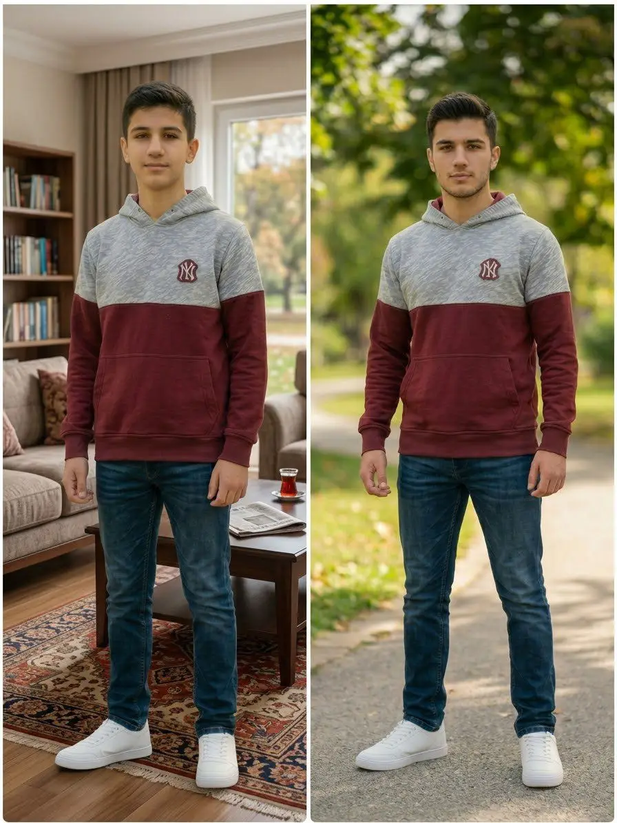 Kapüşonlu gri-kırmızı sweatshirt