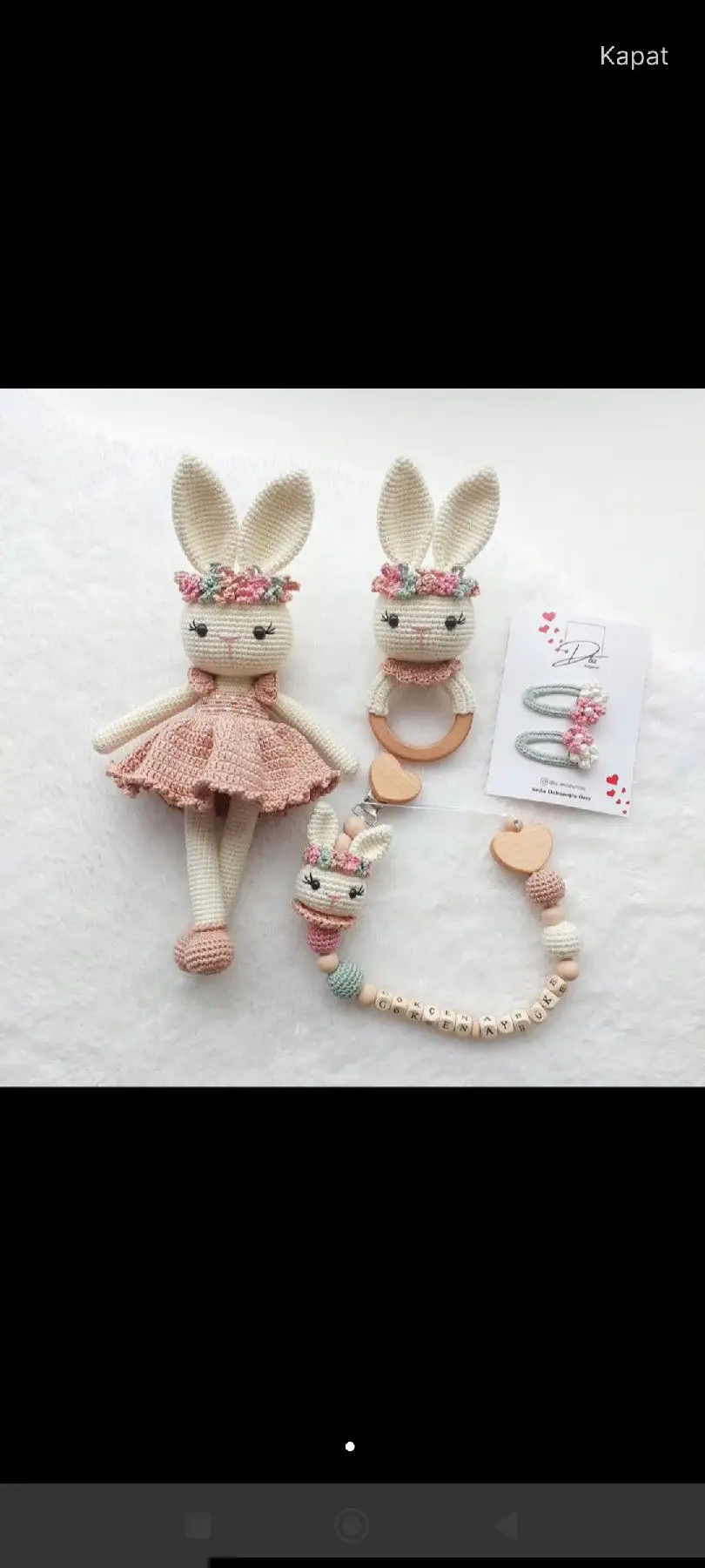 örgü tavşan bebek  oyuncağı ve emzik zincir seti