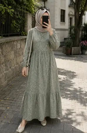 çiçek desenli  tesettür uzun elbise