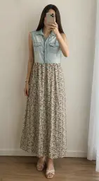 Desenli maxi elbise ve denim üst